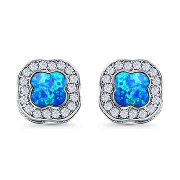 Halo Stud Earring Lab Created Blue Opal Simulated CZ 925 Sterling Silver (11mm)